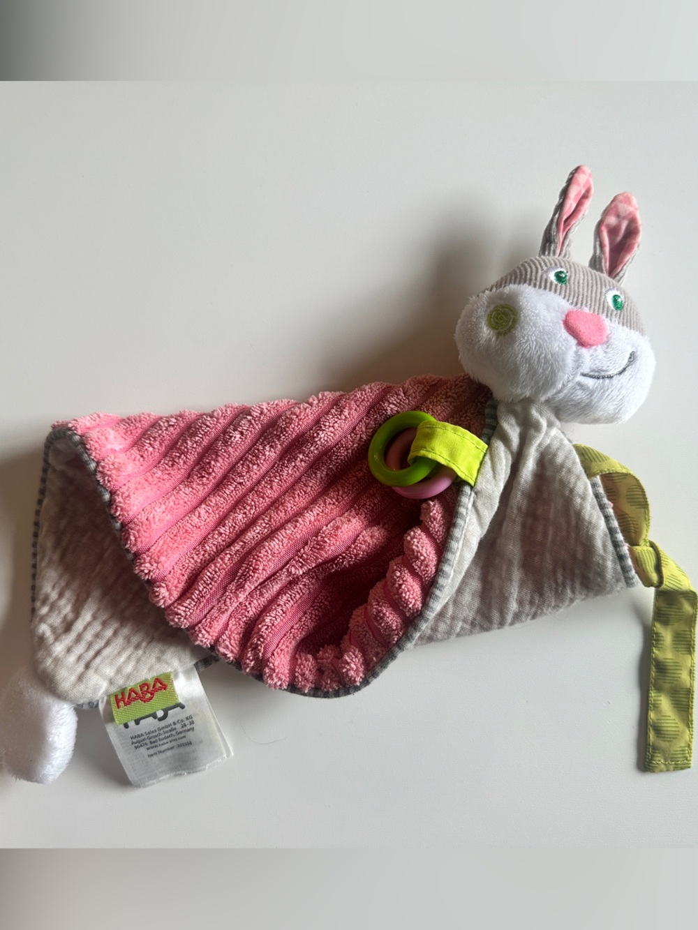 Haba Muslin Bunny Rabbit Hops Baby Blanket Crinkle Toy Pacifier Holder